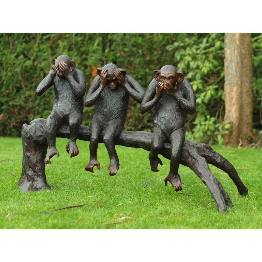 Statue en bronze 3 singes sur souche d'arbre 67x55x108cm (HxLxL) Thermobrass
