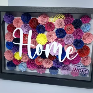Cadre vitrine 3D HOME en fleurs de papier multicolor