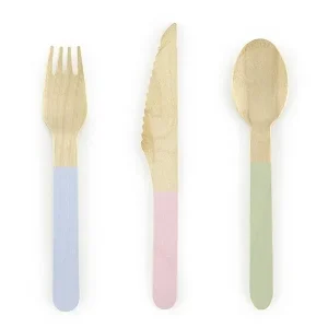 Couverts en bois colorés Pastel 16cm 18 pièces