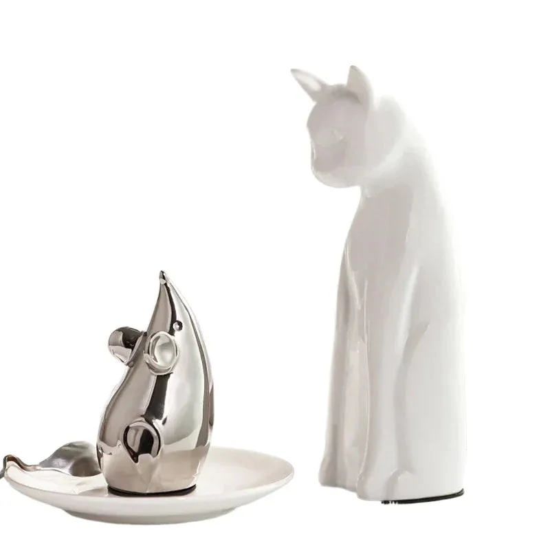 1 ensemble de figurines de chat et de souris en argent modernes, artisanat de chaton en céramique, décoration de maison, c...