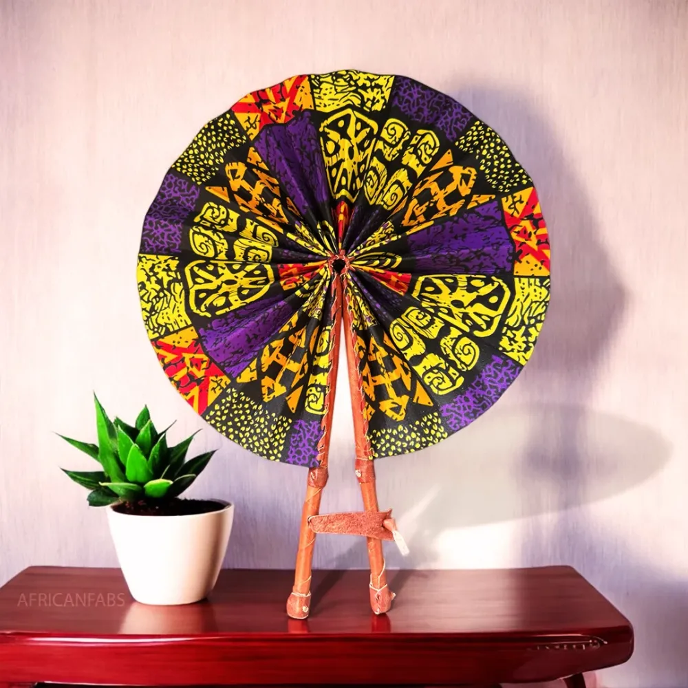 Eventail Africain - Eventail en Wax - Kwame - Violet / jaune