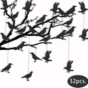 Guirlandes d'oiseaux corbeau noir en papier à paillettes, 32 pièces, décoration de fête à thème d'halloween, bannières vol...