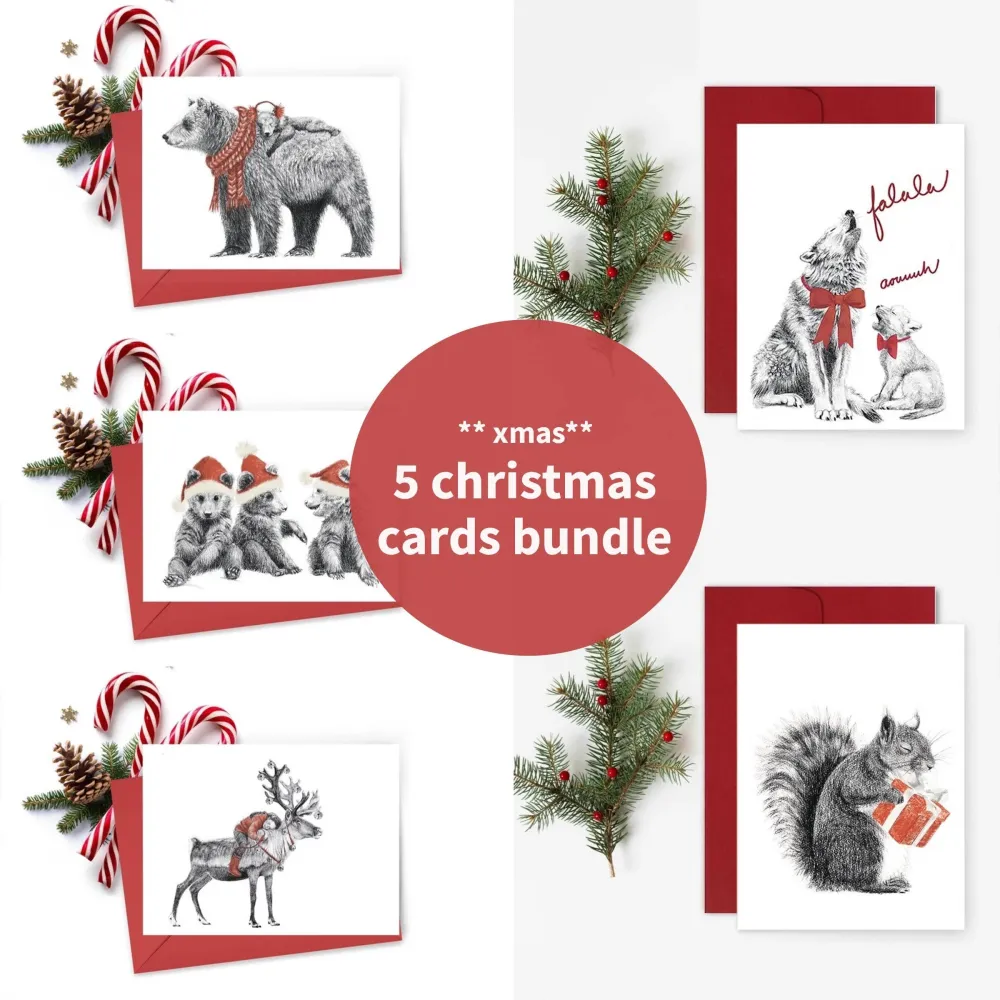 Lot de 5 cartes de vœux - Cartes de Noël