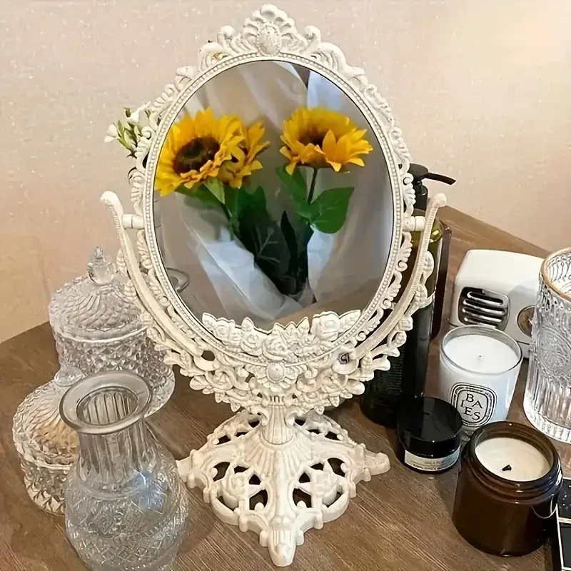 Miroir de maquillage de style rétro européen, ovale, sculpté, circulaire, rotatif à 360 degrés, pour bureau, décoration d'...