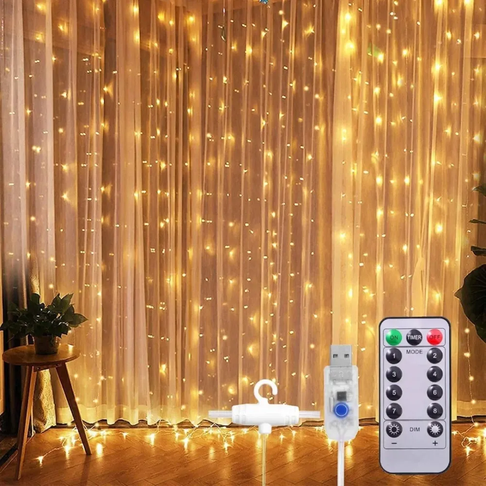 Rideau LED de Noël - Ultra fin - 3 x 3 mètres - Blanc chaud - USB - Avec contrôleur