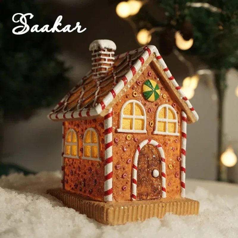 SAAKAR Résine Veilleuse De Noël Cabine Figurines Maison En Pain D'épice Intérieur De La Maison Navada Décor Accessoires Ar...