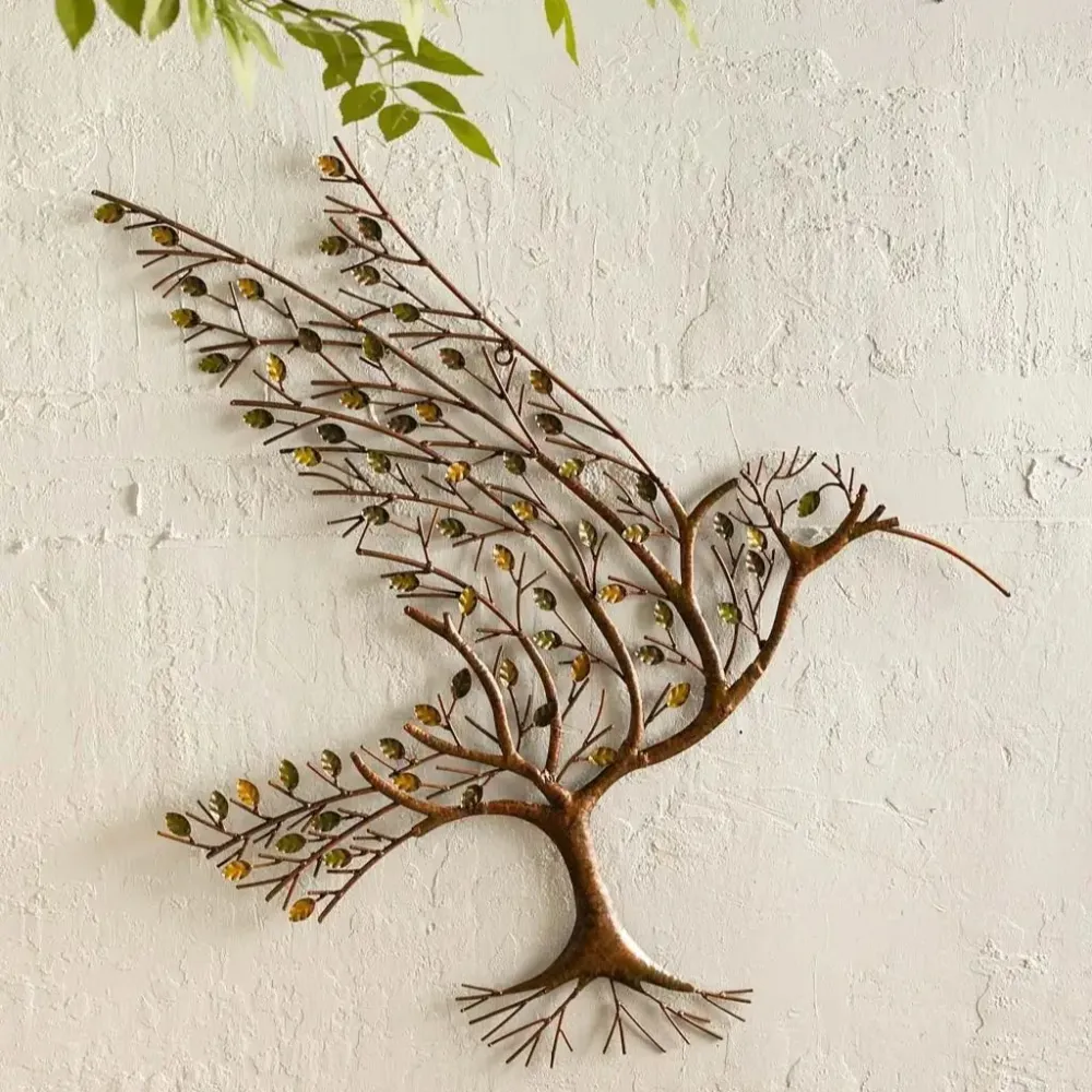 Sculpture murale en métal 3D en forme de branche de colibri, décoration murale creuse en fer, décoration murale minimalist...