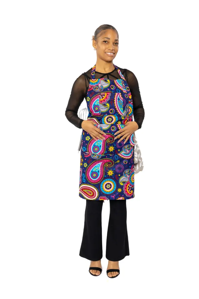 Tablier imprimé africain - Bleu Rose Paisley
