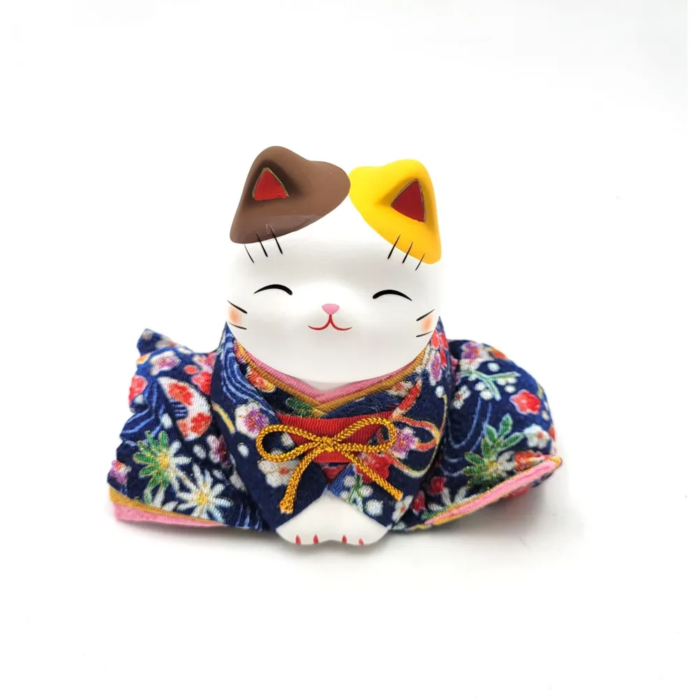 CHIRIMEN NEKO KIMONO BLEU