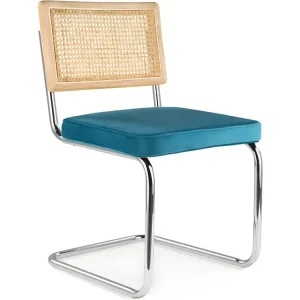 Chaise de salle à manger - tapissée de velours - Bois et rotin - Martha Bleu piscine