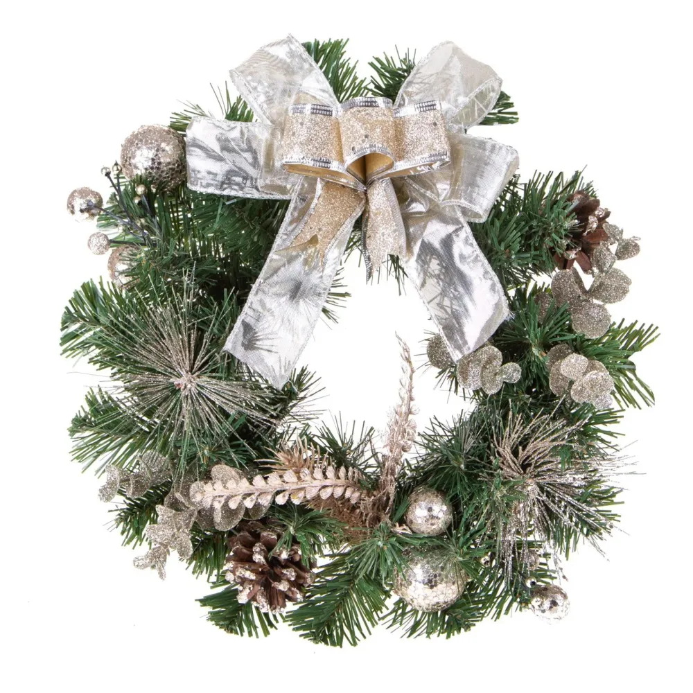 Couronne de Noël pour porte arrière décorée de baies et d'un nœud doré et champagne Ø 30 cm