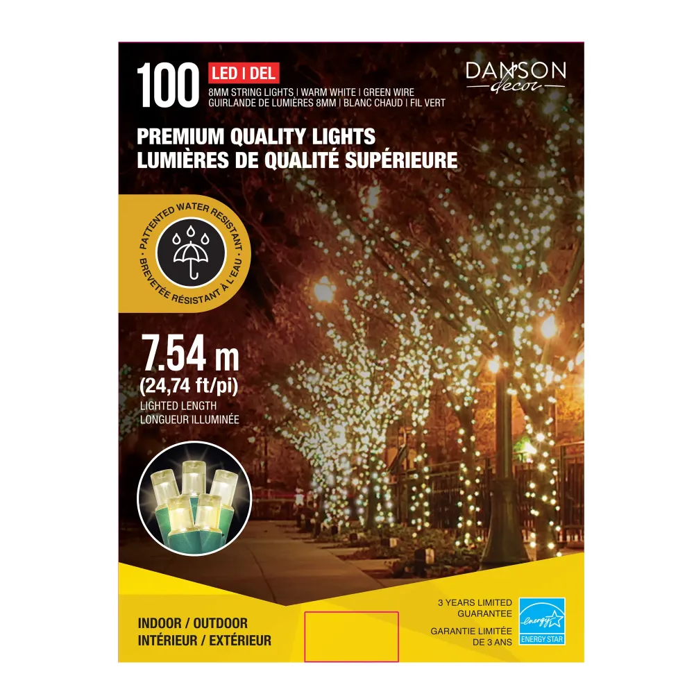 Guirlande de 100 lumières DEL de 8 mm de qualité supérieure sur fil vert de 24,74' (7,54 m), blanc torride