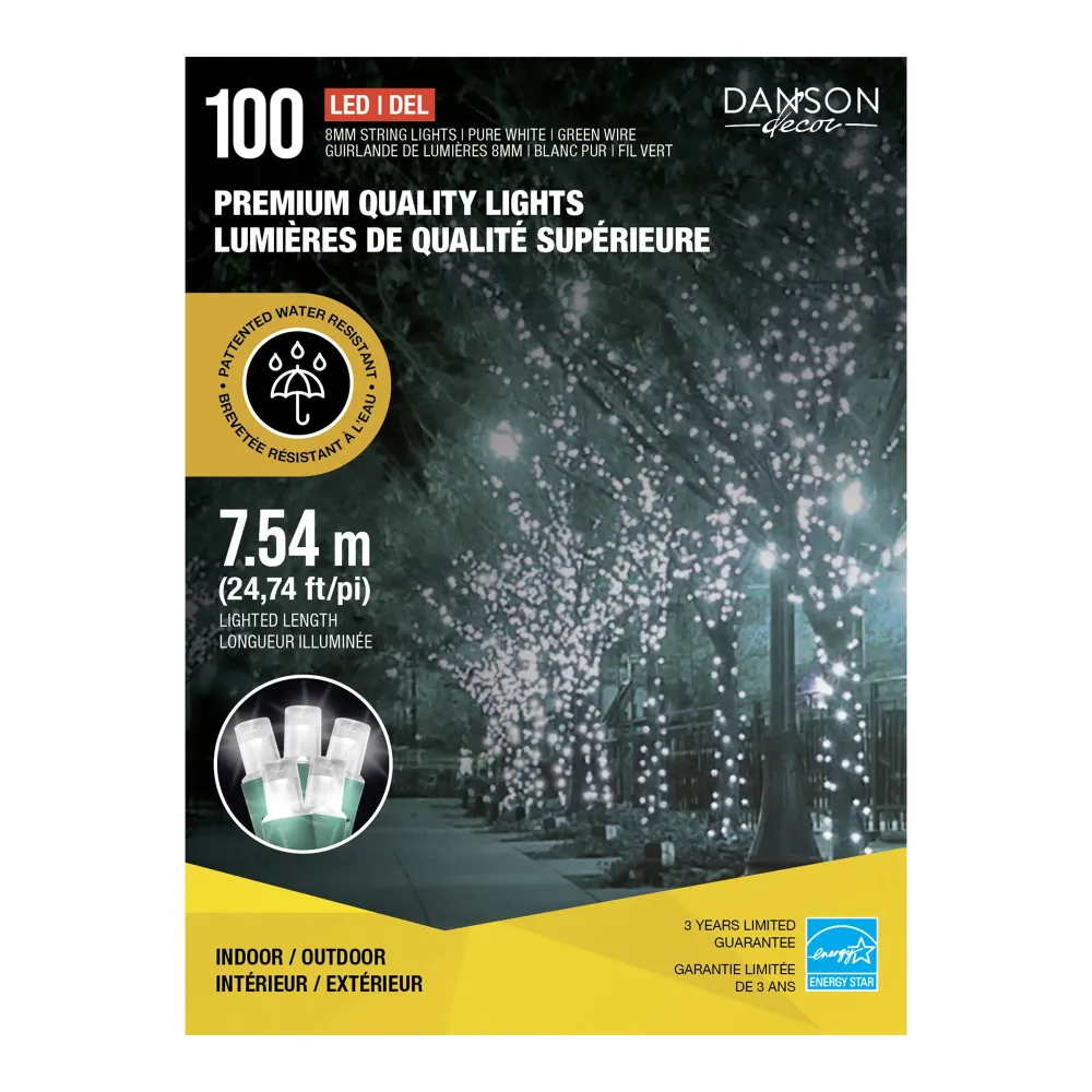 Lumière de Cheminée Guirlande de 100 lumières DEL de 8 mm de qualité supérieure sur fil vert de 24,74' (7,54 m), blanc pur