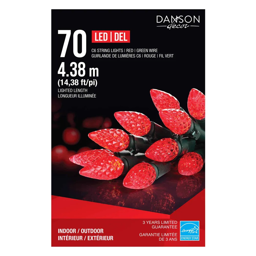 Guirlande de 70 lumières C6 DEL de 14,38' (4,38 m), rouge avec 8 Modes