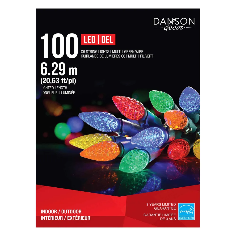 Projecteur à Détection Guirlande de 100 lumières C6 DEL de 20,63' (6,29 m), multicolore
