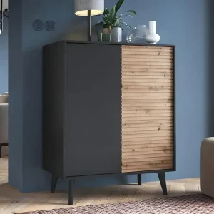 Anti-Tâches Commode en bois "Silas" Noir/Chêne artisanal - 2 portes