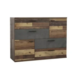Commode 2 portes 4 tiroirs décor bois d'époque béton gris - DEST en Tissu Respirant