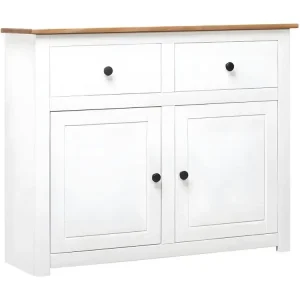 Commode 2 portes 2 tiroirs pin massif blanc et manifeste Iris avec Élastiques de Fixation