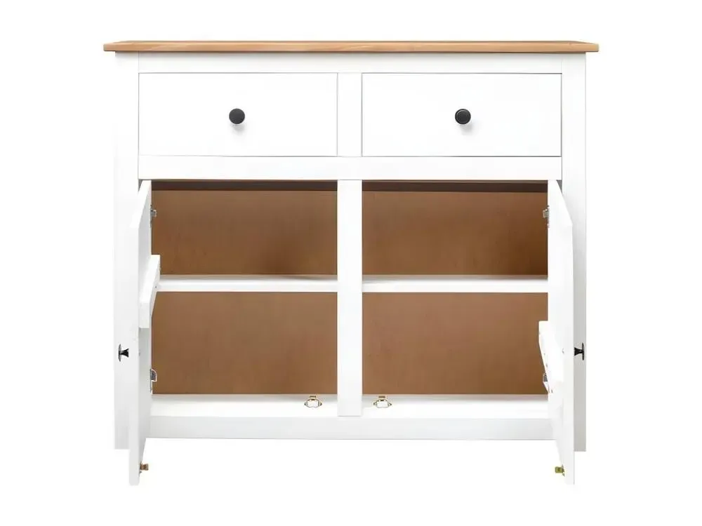 Commode 2 portes 2 tiroirs pin massif blanc et manifeste Iris avec Élastiques de Fixation