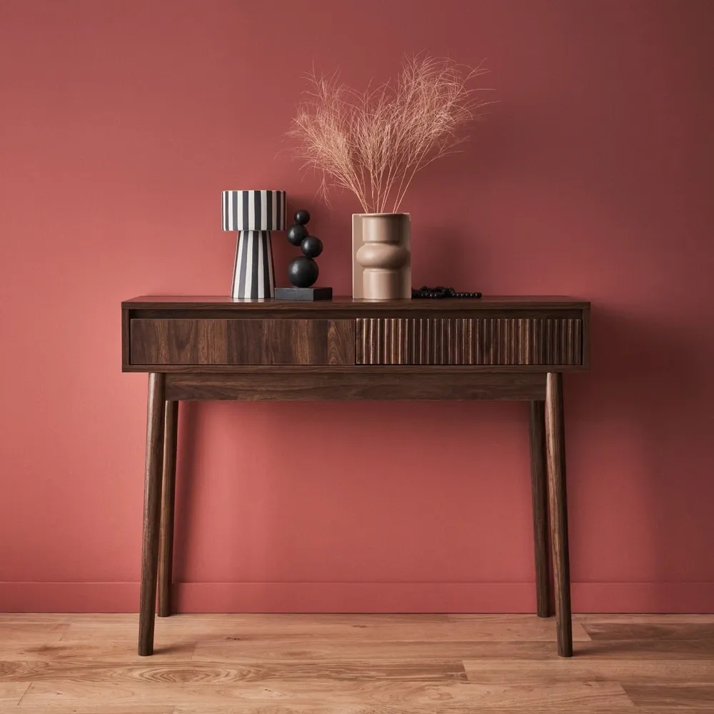 Console décor bois de noyer. 2 tiroirs - linear pour Extérieur