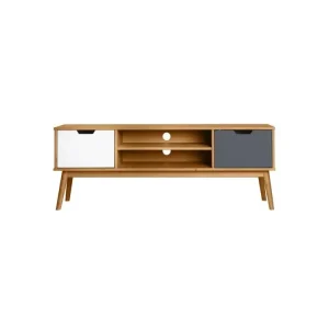 Housse de rangement Meuble TV 2 niches 2 portes Gris/Blanc/Bois - ENJOY
