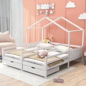 Lit maison avec tiroirs, lit duo pour enfants, blanc (200x90cm)