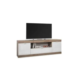 Premium Meuble TV 2 portes 1 tiroir Blanc laqué brillant/Chêne naturel - SPEZIA