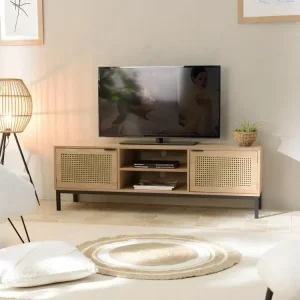 Protège-coussin Meuble TV 2 portes cannage naturel pieds métal noir