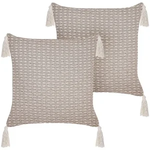 Set 2 Cushions Geometric Pattern Tassels 42 x 42 cm Taupe HAKONE