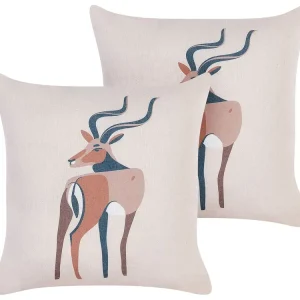 Set 2 Decorative Pillows Antelope Motif 45 x 45 cm Crème ABAL