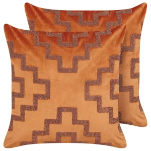 Set 2 Panne Cushions Geometric Pattern 45 x 45 cm Orange SERGIPE