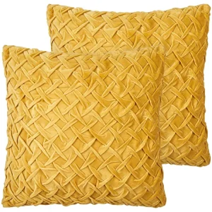 Set 2 Tissu doux Pleated Cushions 45 x 45 cm Yellow CHOISYA