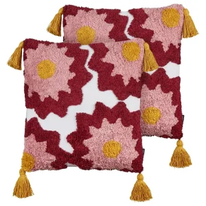 Set 2 Tufted En coton Cushions Tassels 45 x 45 cm Multicolour LORALAI