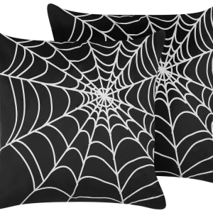 Set 2 Velvet Cushions Spider Web Pattern 45 x 45 cm Black and Blanc pur LYCORIS