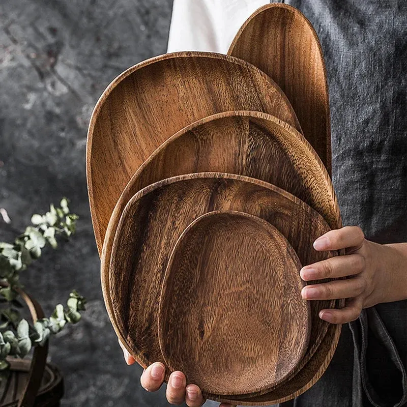 Plateau de rangement en bois d'acacia – Ensemble de 5 pièces avec design ovale irrégulier