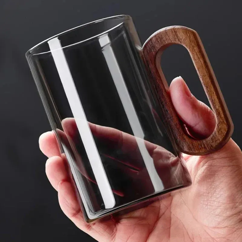 Tasse à thé en verre borosilicaté 360ML avec poignée en bois naturel – Grande capacité