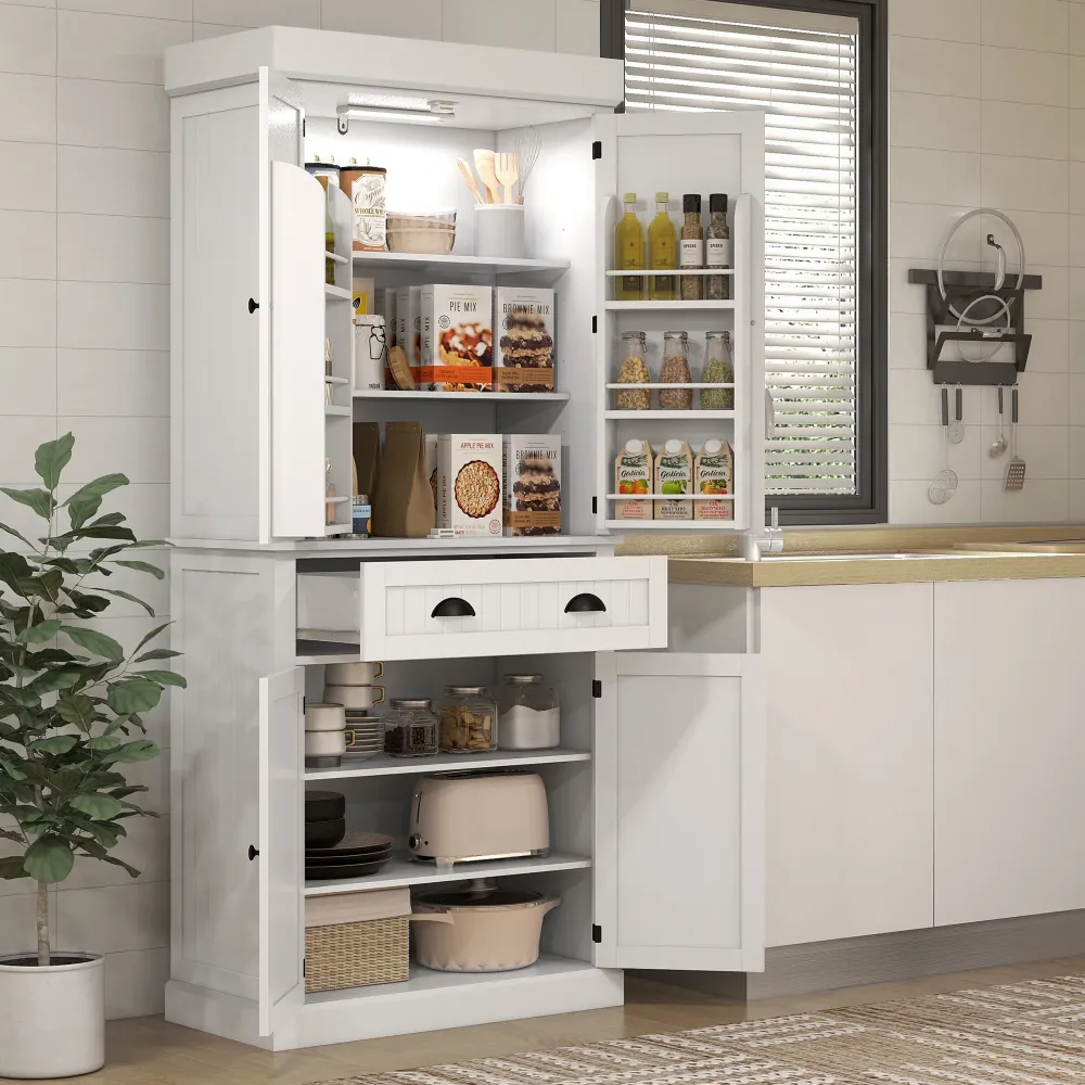 Armoire de cuisine 71 po avec éclairage DEL, 6 étagères à épices, un tiroir et 4 étagères réglables, blanche Aosom