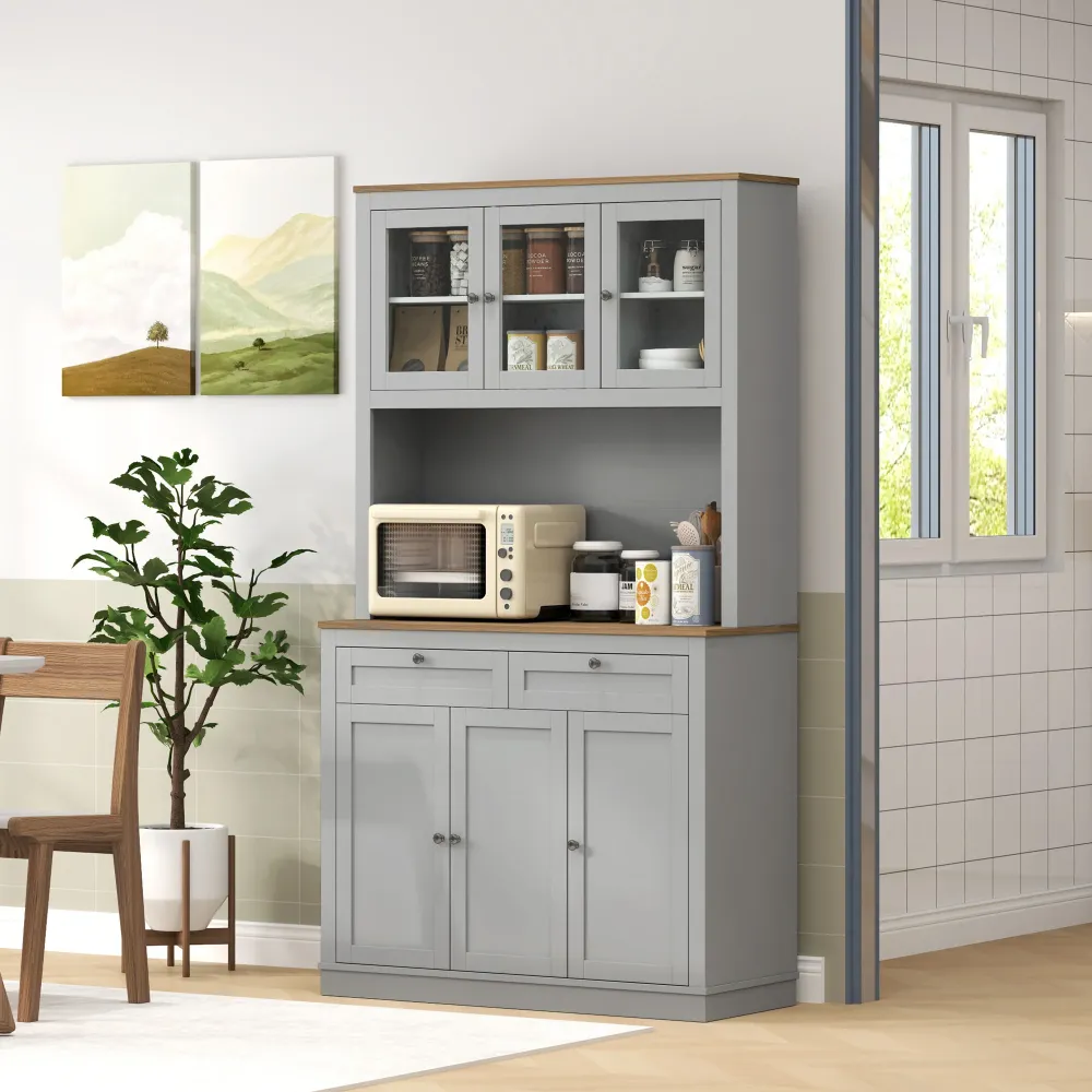 Garde-manger avec espace micro-ondes et portes vitrées, gris Aosom