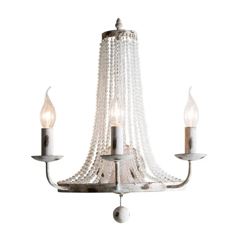 Applique murale blanche vieillie à 3 têtes, bougie classique en métal, luminaire mural avec brins de verre Clearhalo