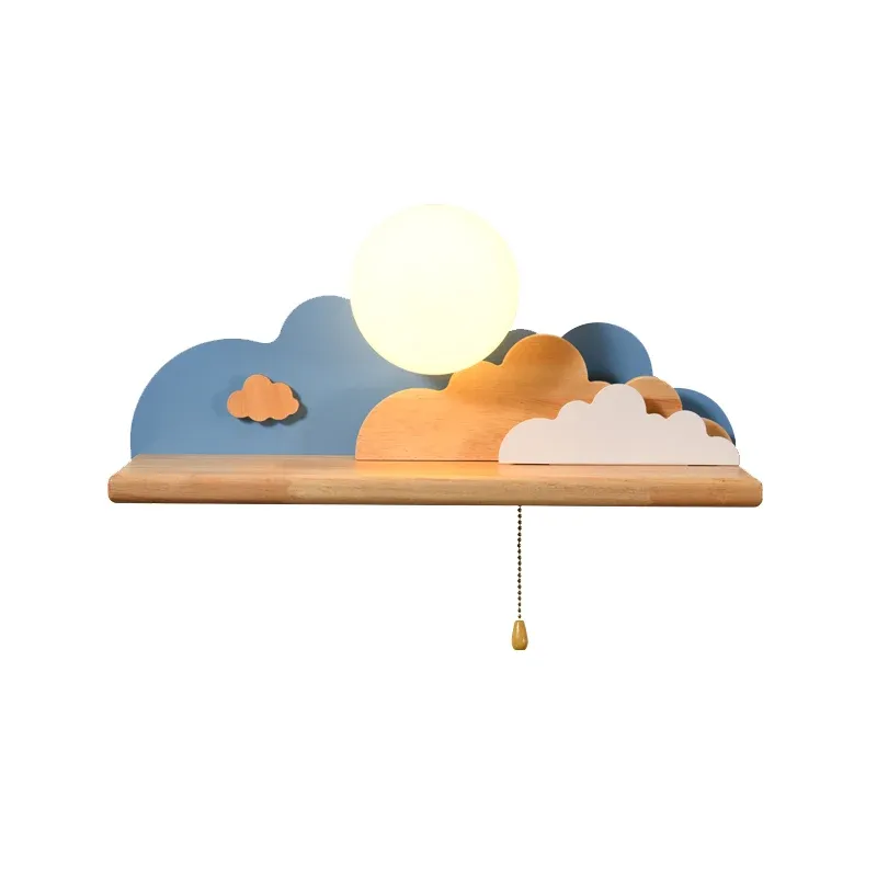 Applique murale moderne en bois nuage, 1 lumière, bleu/blanc/gris, avec abat-jour rond en verre et chaîne de traction marc...