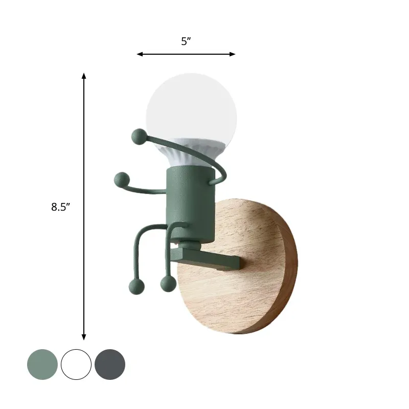 Applique murale en métal de type enfant, lampe murale de dessin animé à 1 lumière gris/blanc/vert pour chambre à coucher C...