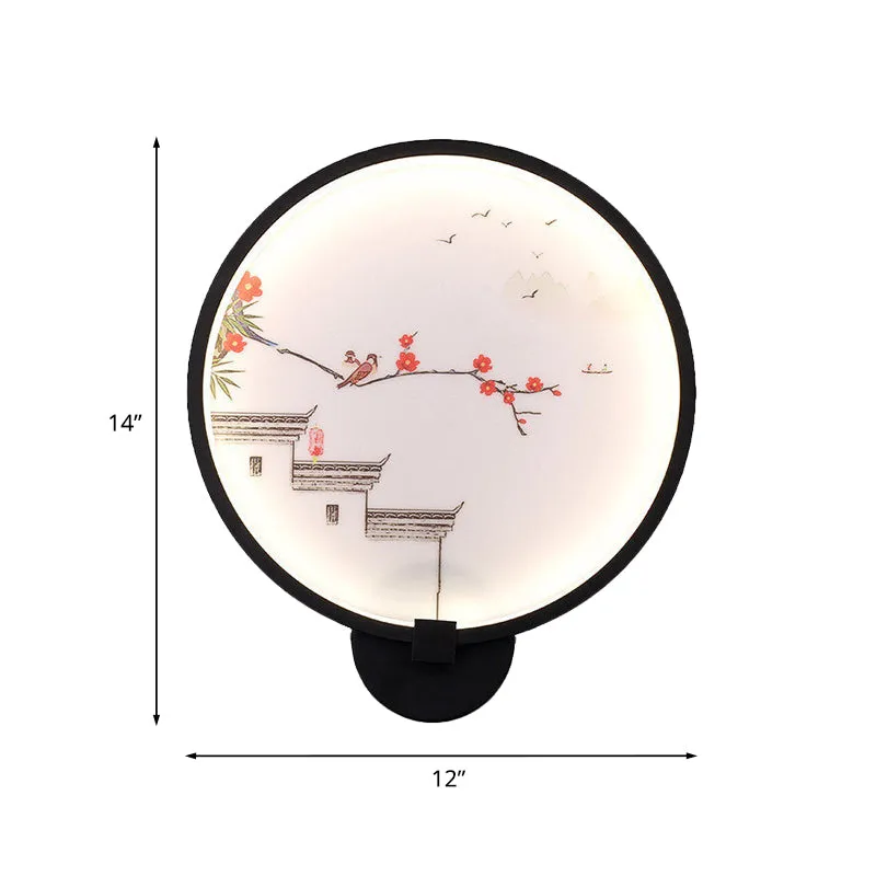 Encre de Chine Maison/Lotus Murale Lumière Acrylique Chambre LED Cercle Applique Murale en Noir Clearhalo