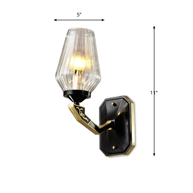 Lampe murale à 1 tête, luminaire traditionnel en verre nervuré transparent en diamant noir Clearhalo