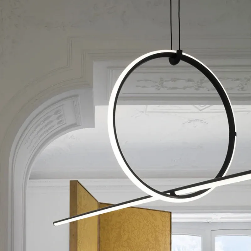 Luminaire suspendu en forme de lignes, luminaire suspendu contemporain en métal à LED pour bureau, noir Clearhalo