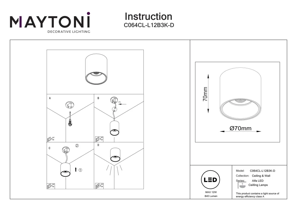 Spot de plafond Maytoni Alfa LED 1L, noir, diamètre LED 7 cm