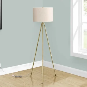 I 9736 – Lampadaire trépied 63 po – Laiton métal abat-jour ivoire Monarch
