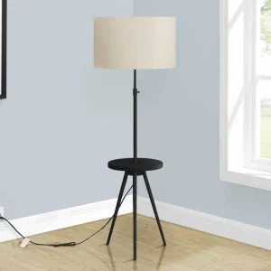 Lampadaire trépied noir 66 po métal avec tablette et abat-jour ivoire Monarch