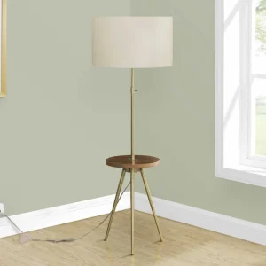 Lampe de plancher trépied dorée 66 po – abat-jour ivoire – tablette noyer Monarch