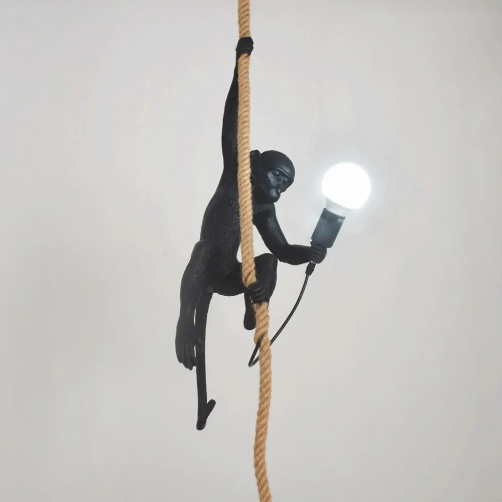 Singe Pendentif Lampe Noir Punk Industriel Rétro Résine Lustre Mode Salle À Manger Living Ambiante Lampe Chanvre Corde Lus...