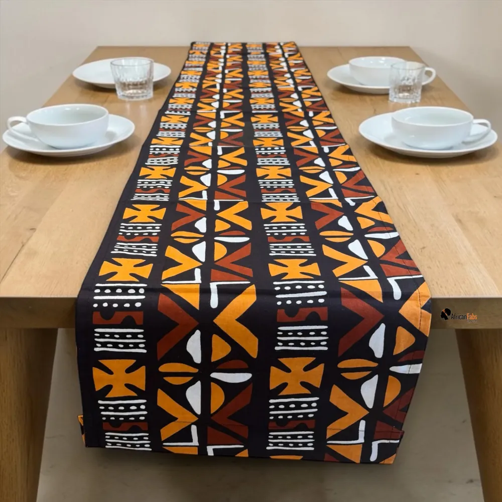 Chemin de table africain / nappe - Marron Cross Bogolan